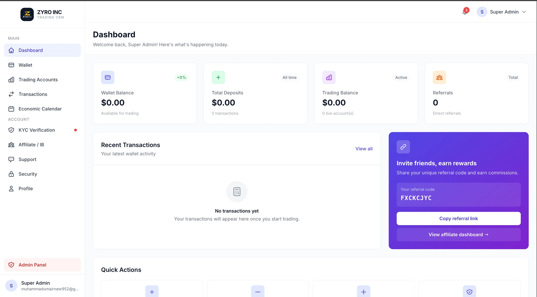 Zyro Inc CRM client-side dashboard showing wallet and trading balance