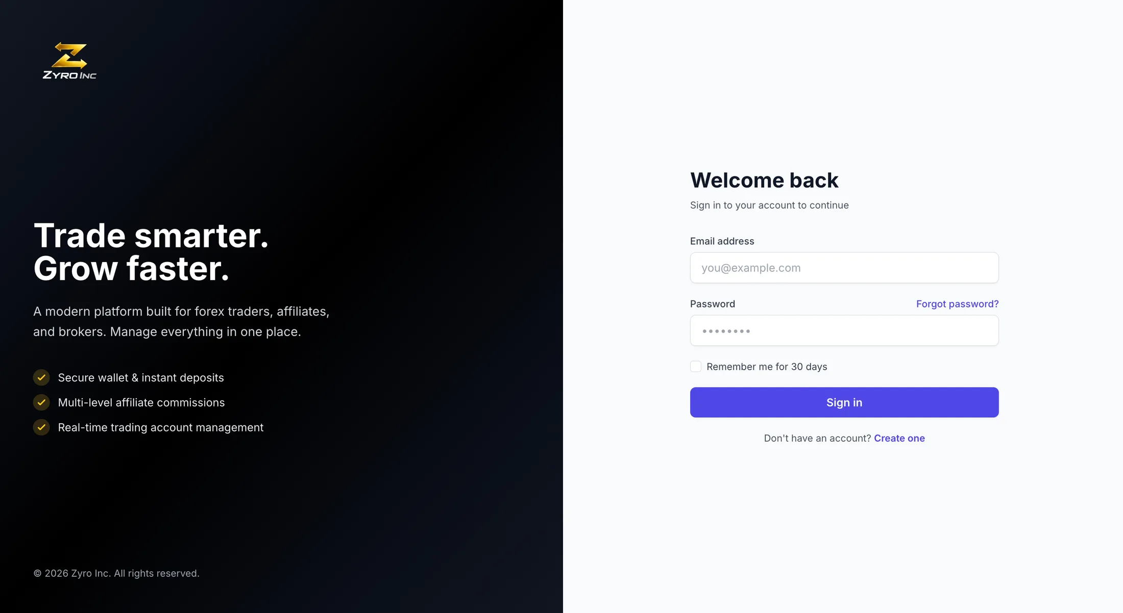 Zyro Inc CRM sign-in screen
